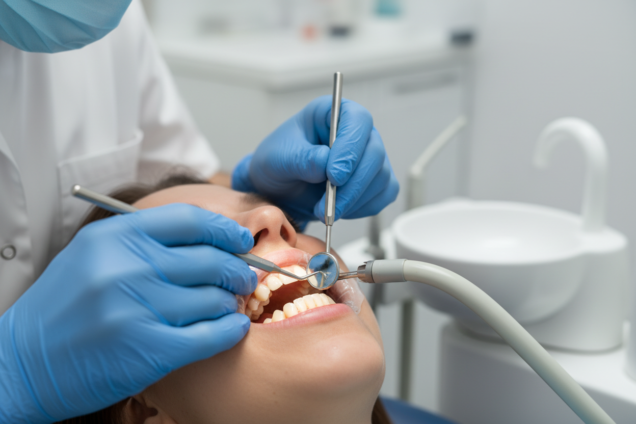 consultorio dental imagen en closeup con detalle de manos trabajando en dientes