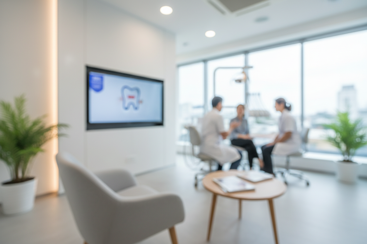 fondo horizontal tipo banner, de ancho 1920 x 100 con imagen de consultorio dental con personas al fondo imagen amplia con efecto de lente difuso 